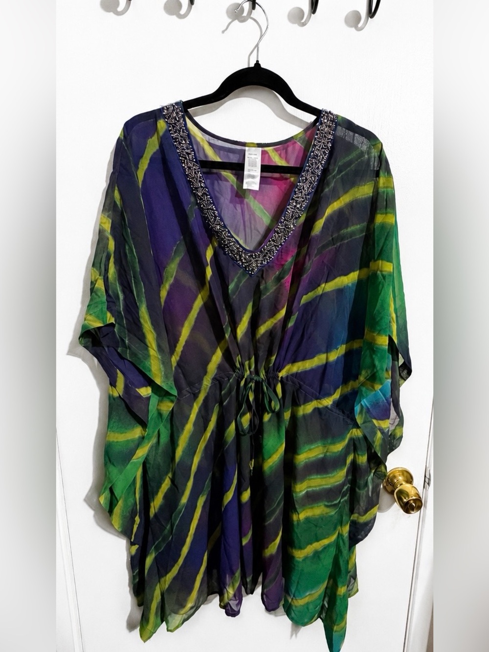 Avon Beaded V-Neck Chiffon Tie-Dye Kaftan Swim Cover-Up – Size S/M